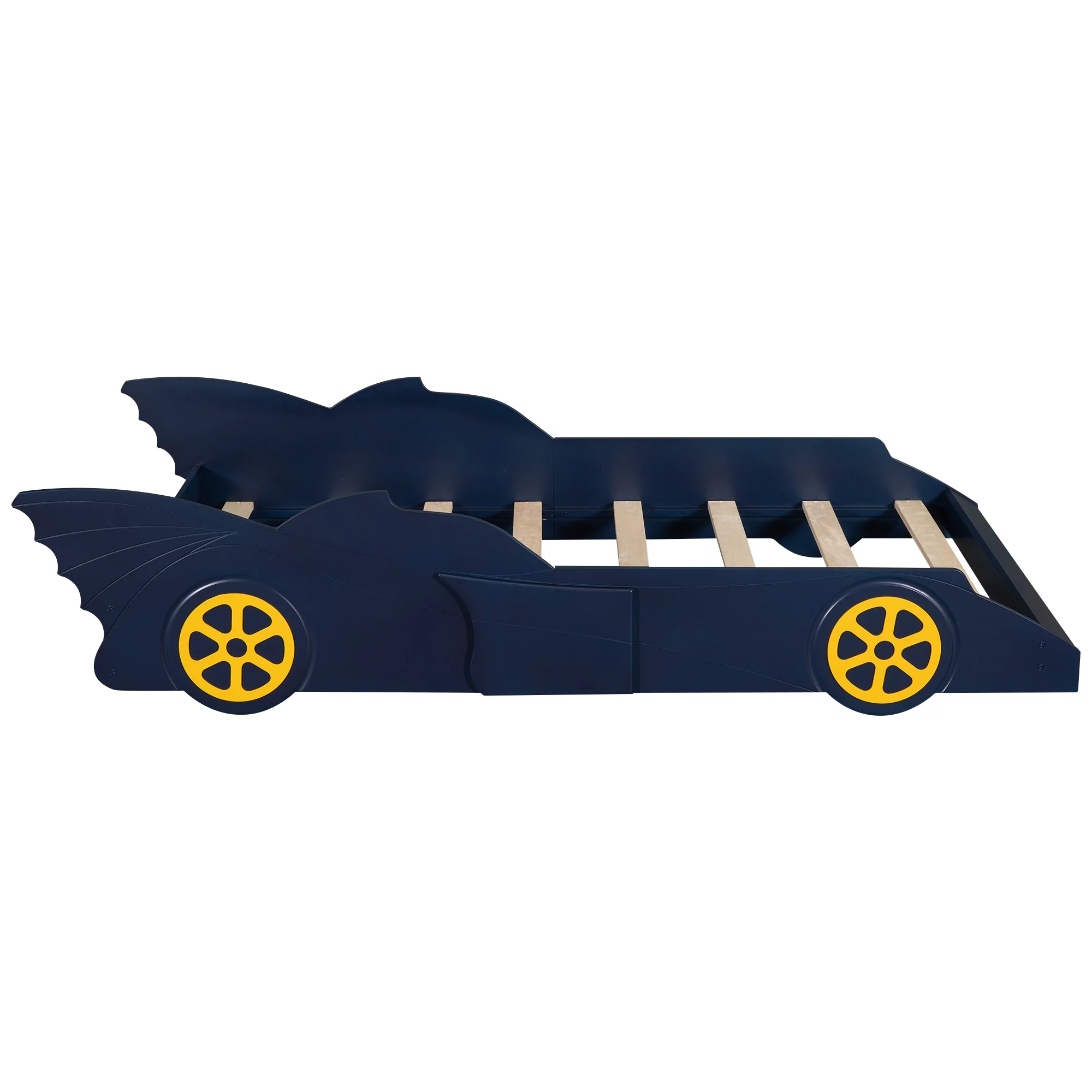 iRerts Race Car Shaped Twin Bed Frame, Wood Twin Platform Bed Frame for Kids Toddlers, Children Twin Size Platform Bed with Wheels, Wooden Slats