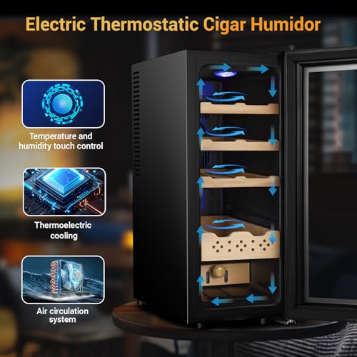 Electric Humidor for Cigars, 35L 250 Counts Large Capacity Thermostatic Desktop Humidor Cabinet with Digital LED Screen, Safety Lock