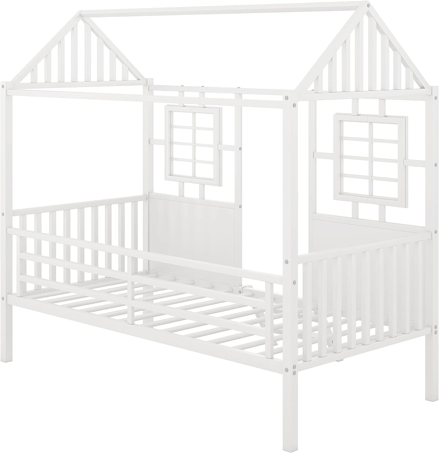 Size Low Loft Bed For Kids, Metal House Bed Frame With Roof And Two Front Windows