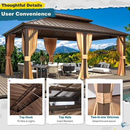 MELLCOM 10'x13' Hardtop Gazebo with Polycarbonate Double Roof, Aluminum Frame Outdoor Gazebo Permanent Pavilion with Curtains and Netting for Patio