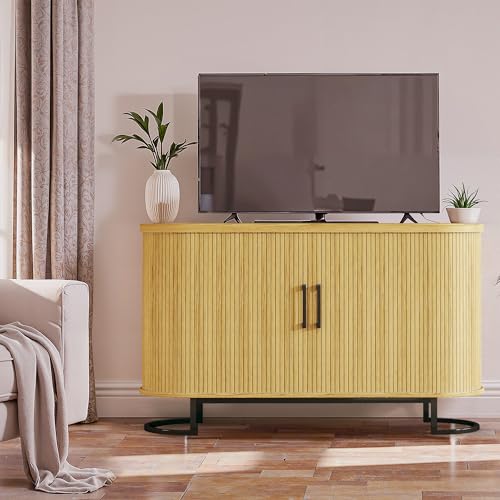 Sideboard Buffet Cabinet with Storage, 54.3" Fluted Tambour, Adjustable Shelves, Mid Century Modern Console for Living Room Kitchen Walnut