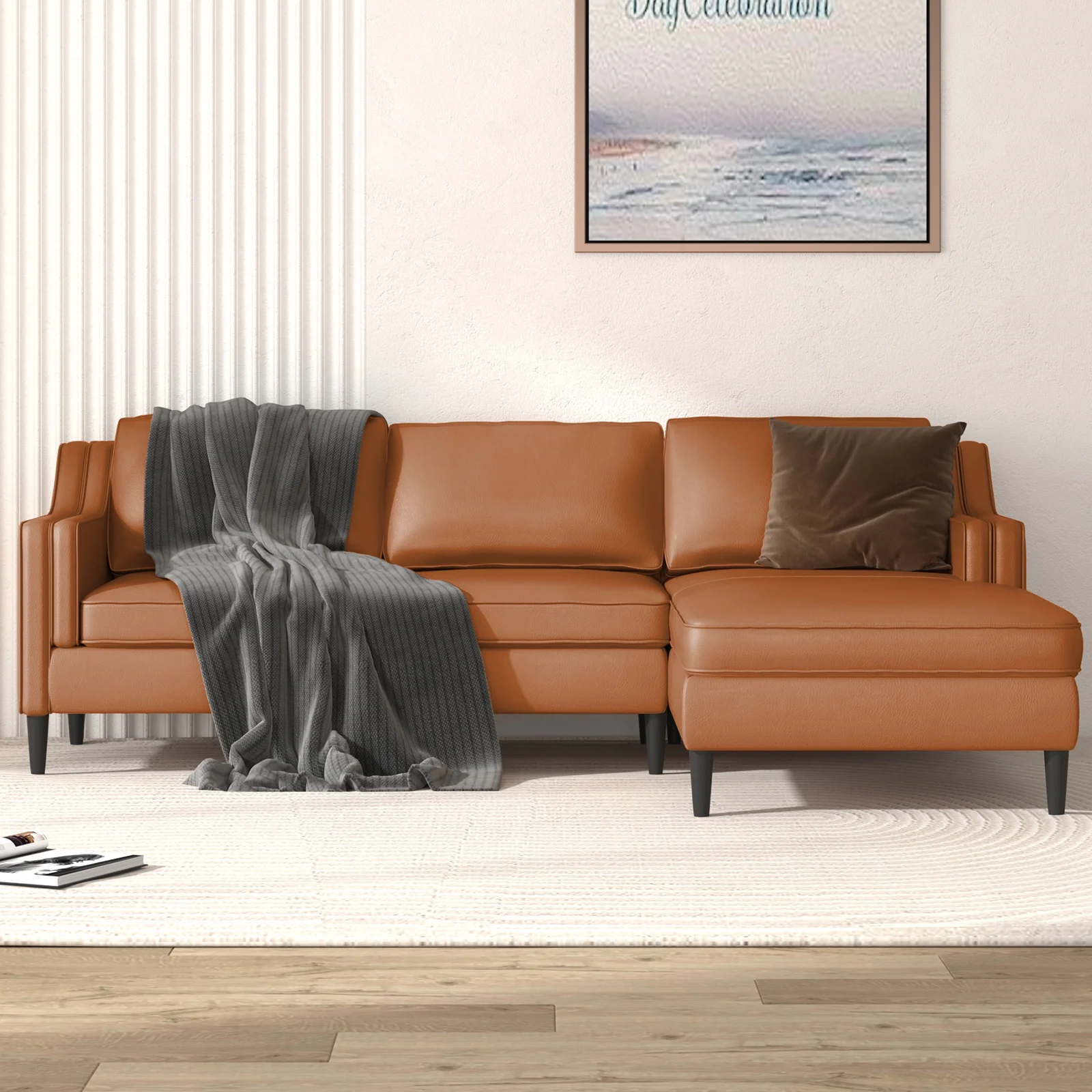 ijuicy Leather Sectional Sofa, Luxurious Leather Upholstered Couches with Right Facing Chaise