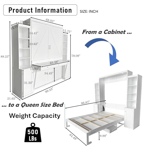 Queen Size Murphy Bed with Desk & Charging Station,Wall Bed Frame Folding into Cabinet Design w/LED & Storage Shelf for Small Space,Bedroom