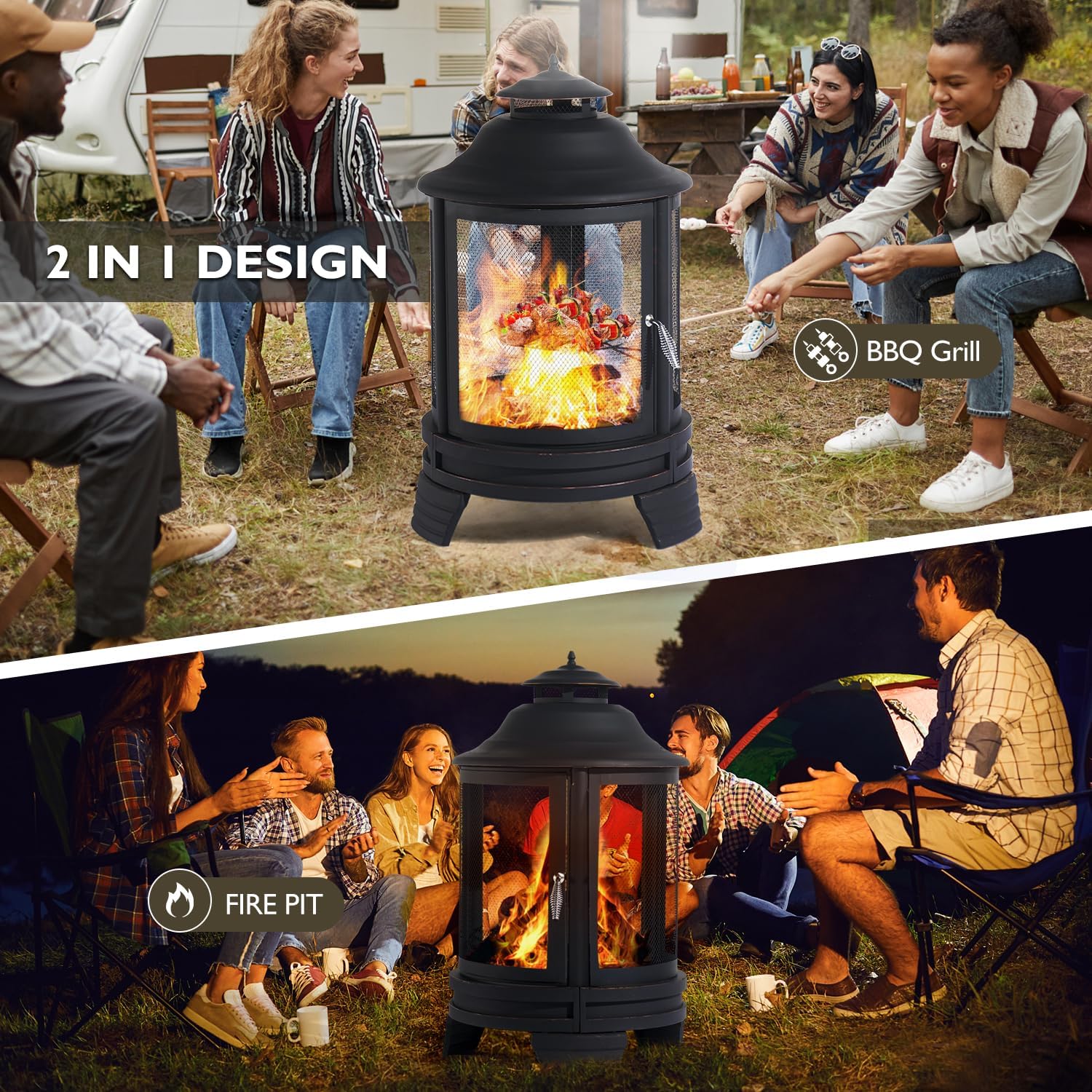 Fire Pit Chiminea, 2 in 1 Fire Pit for Outdoor, 28'' x 45'' Large Chiminea Fireplace with Mesh Spark Screen Doors
