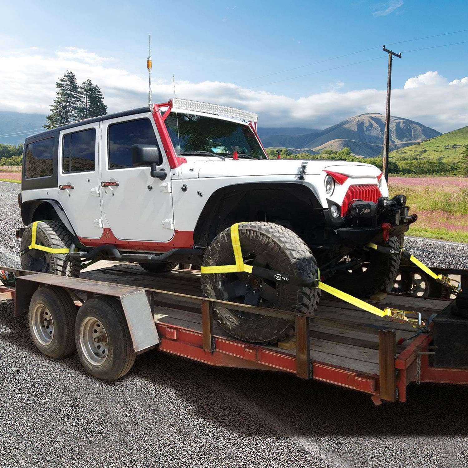 Trekassy 2”x 120” Wheel Net Car Hauler Tie Down Straps for Trailers Heavy Duty with 4 Axle Straps and 4 Ratchet with Snap Hooks