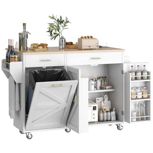51.8" Kitchen Island Cart with Trash Can Storage, Kitchen Island on Wheels with Power Outlet & Drop Leaf