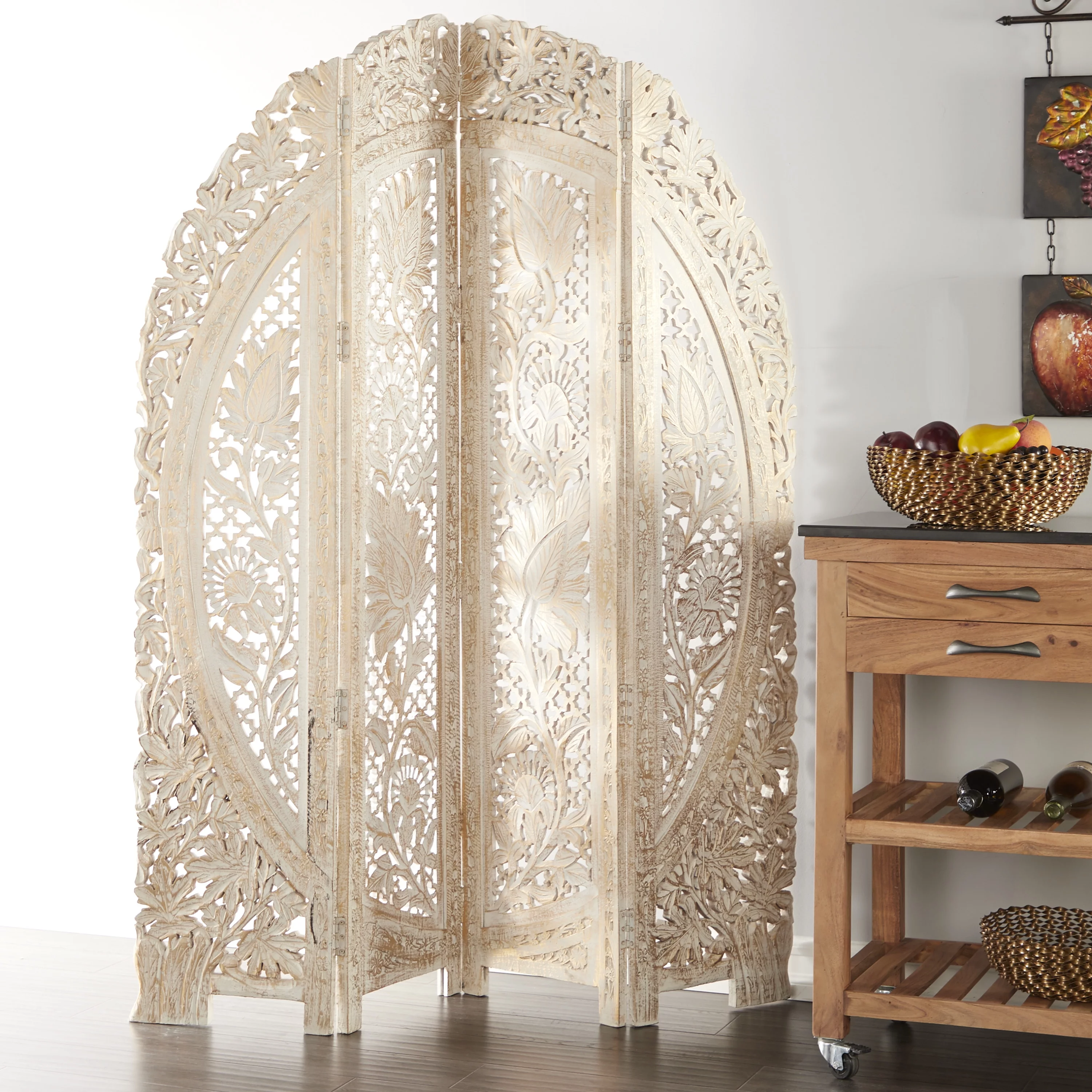 DecMode 60" x 72" White Wood Floral Handmade Foldable Arched Partition 4 Panel Room Divider Screen with Intricately Carved Designs, 1-Piece