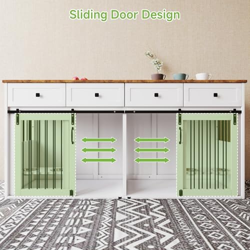 Real Relax 71" Double Dog Crate Furniture, Large Wooden Dog Kennel Furniture with 2 Drawers, Divider and Sliding Door