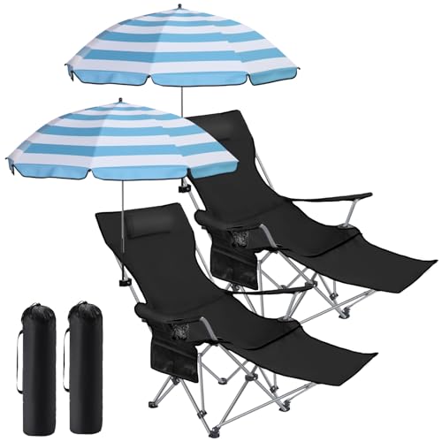 Karenhi 2 Set Beach Camping Chair with Umbrella for Adult Folding Reclining Camping Chair with Foot Rest Adjustable Clamp Canopy Shade for Outdoor