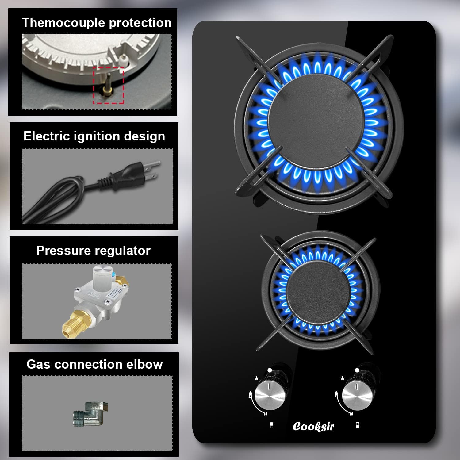 12 inch Gas Stove, 2 Burners Propane Cooktop Bulit-in, Indoor Gas Cooktop Suitable for Dual Fuel LPG/NG, Tempered Glass Gas Stove Top for Kitchen