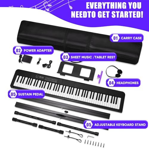 88 Key Digital Piano, Semi Weighted Electronic Keyboard Piano with Music Stand, Power Supply, Sustain Pedal, Bluetooth, Carrying Case, Headphones