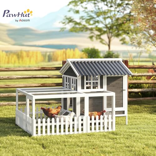 PawHut Wooden Chicken Coop with Run for 3-4 Chickens, Hen House with Nesting Box, Removable Tray, Fence, Outdoor Poultry Cage, 68" x 59" x 42", Gray