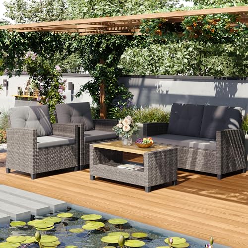 Wisteria Lane 4 Piece Outdoor Patio Furniture Sets, Wicker Conversation Set for Porch Deck, Gray Rattan Sofa Chair with Cushion