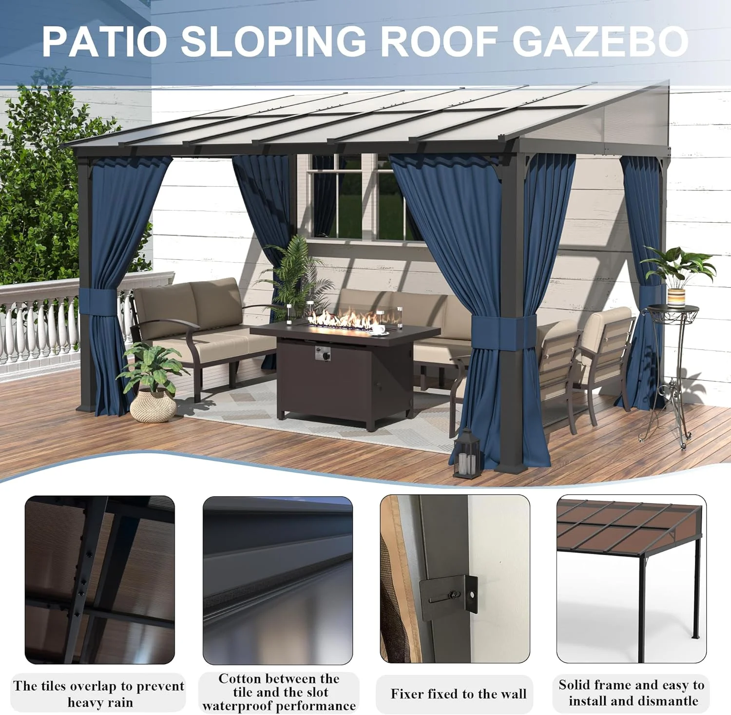 Outdoor Lean to Gazebo 10x12FT, Hardtop Wall Mounted Gazebo with Sloping Sun Panel Roof, Awnings for Patio with Metal Frame
