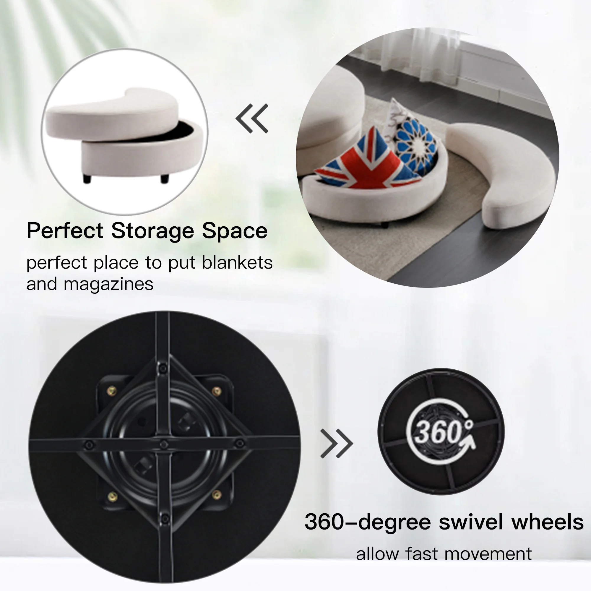 360° Swivel Accent Barrel Chair and Half Crescent Moon Storage Bench Large Ottoman with 4 Pillows