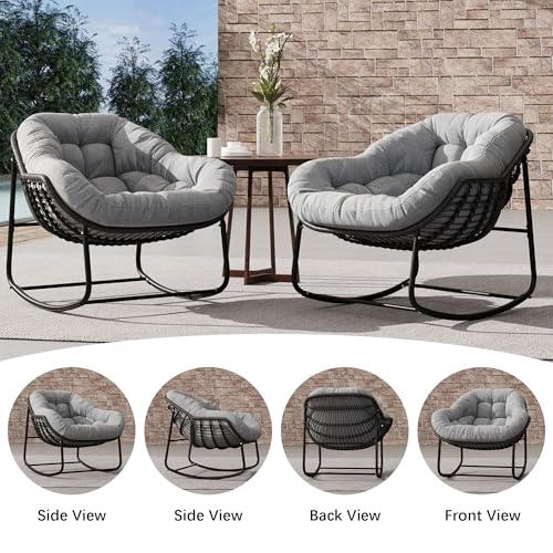 Outdoor Indoor Rocking Chair, Patio Wicker Egg Chair, Indoor & Outdoor Comfy Oversized Papasan Chair with Padded Cushion