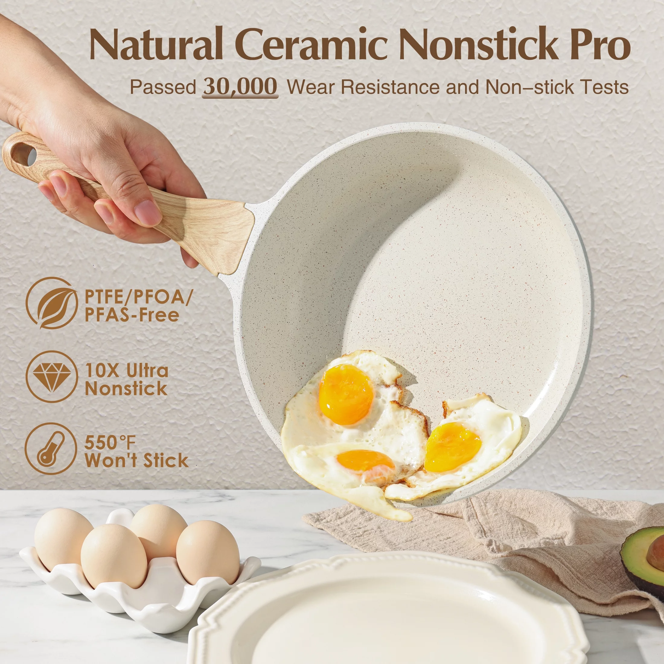 Sensarte Ceramic Nonstick Pots and Pans Set, 17 Pieces Healthy Non Stick Cookware Set with Pots Protectors, Induction Kitchen Cookware Sets White