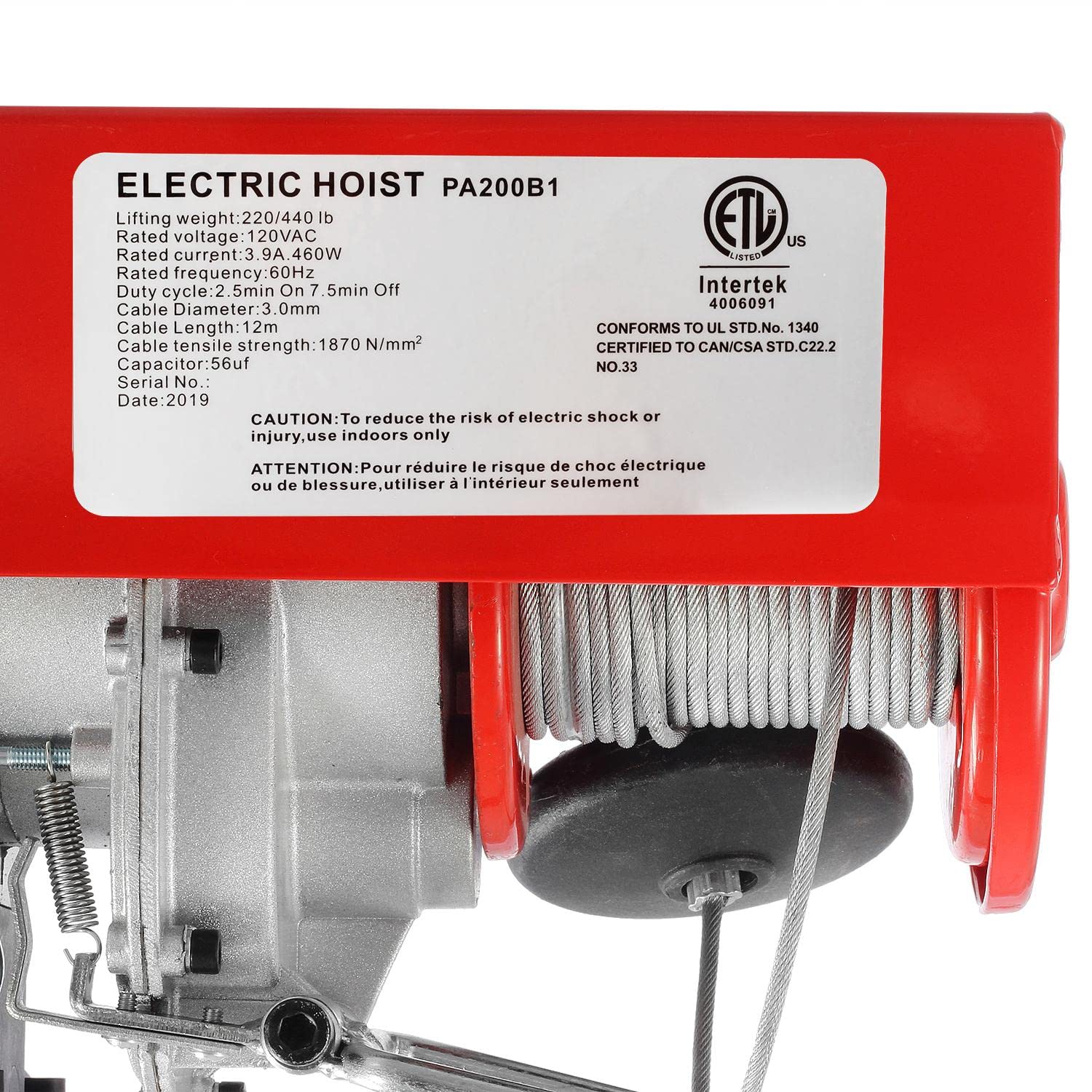 Partsam 440lbs Automatic Lift Electric Cable Hoist with Wireless Remote Control 120V Overhead Crane Garage Ceiling Pulley Winch w Towing Strap Sling