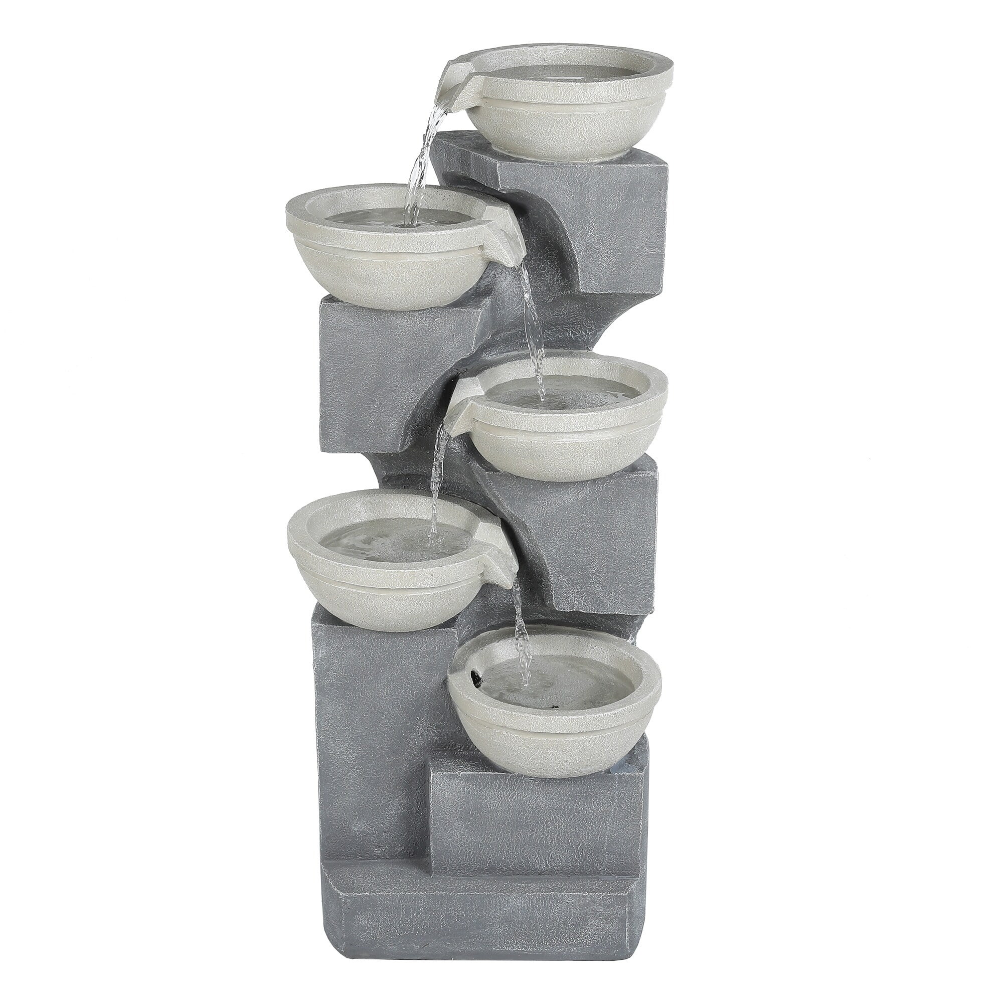 LuxenHome Five Bowl 35 H Gray Resin Cascading Outdoor Fountain with LED Lights - Radiant Selections
