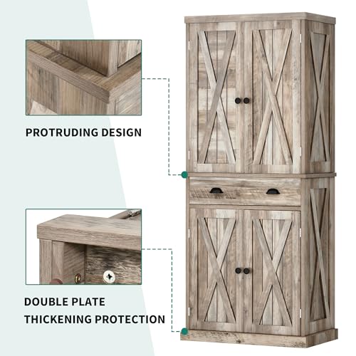 YITAHOME 72'' Tall Kitchen Pantry Cabinets, Farmhouse Storage Cabinets with Barn Doors, Drawer ＆ Adjustable Shelves