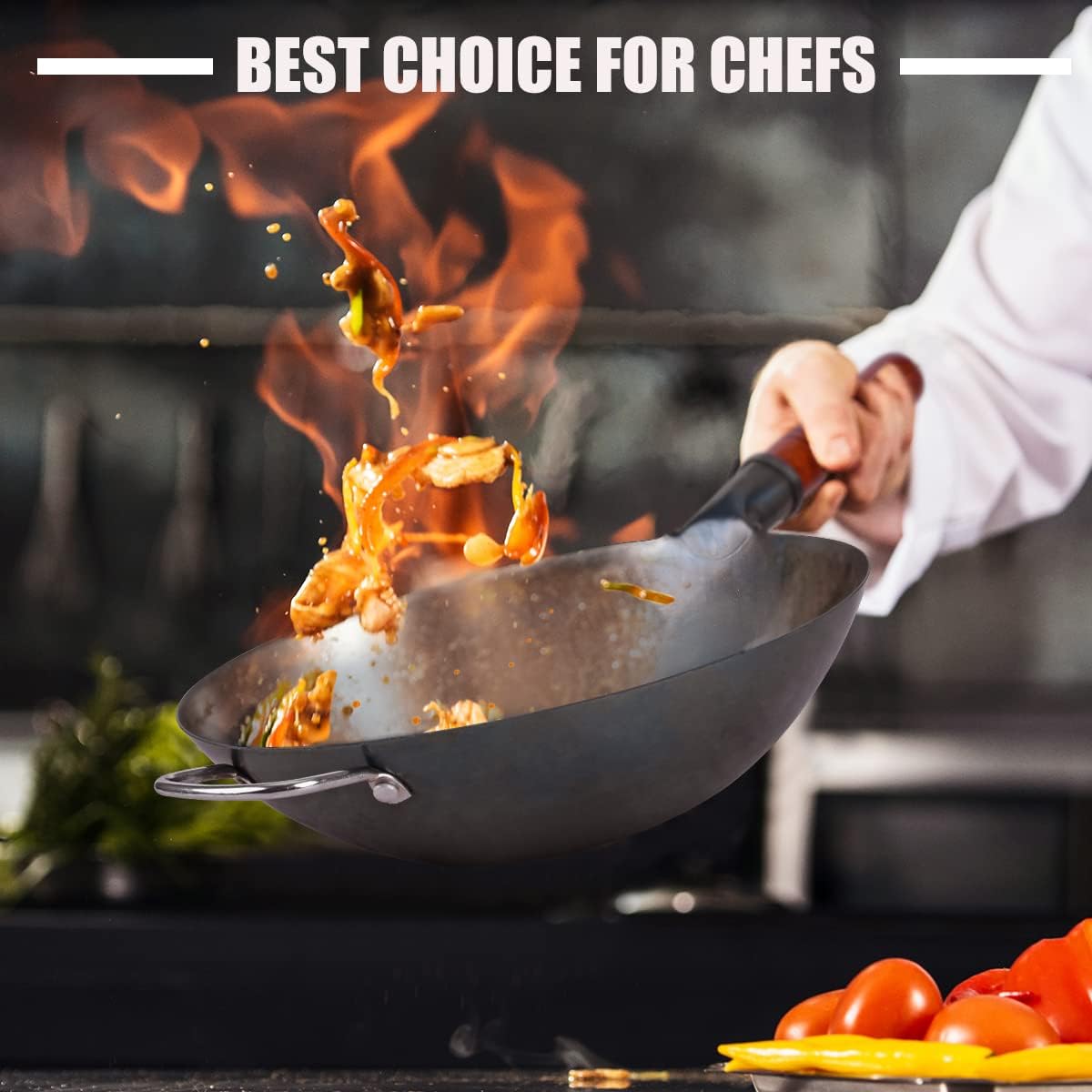Carbon Steel Wok Traditional Hand Hammered Wok - 13.4” Chinese Wok Round Bottom Wok Pan Set with 8 Pcs Cookware Accessories