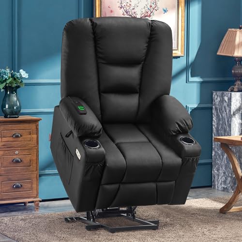 MCombo Small Power Lift Recliner Chair with Massage and Heat for Petite People, Cup Holders, USB Ports, Side Pockets, Faux Leather 7569 (Small
