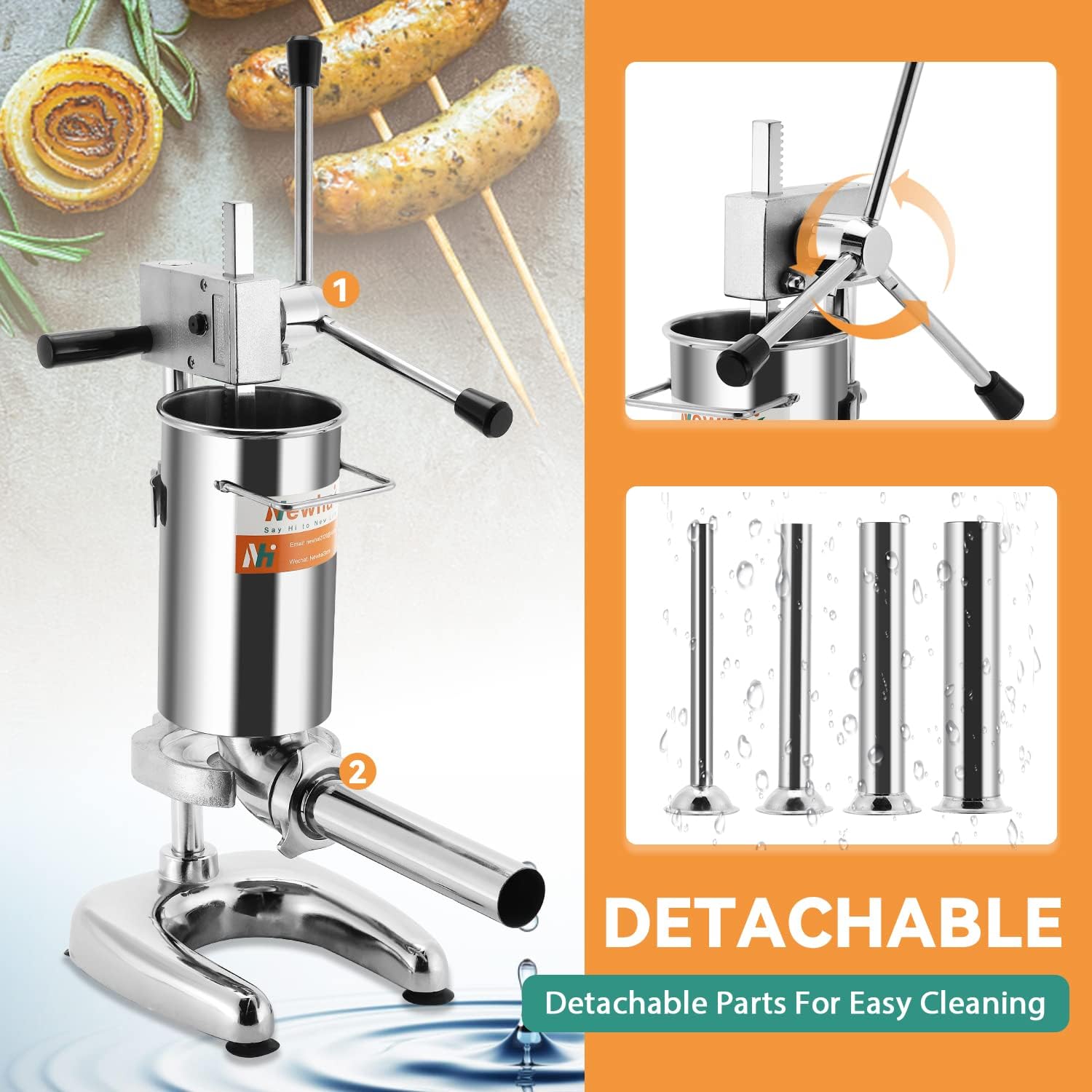 Newhai Manual Sausage Stuffer Stainless Steel Vertical Sausage Maker with 4 Sausage Tubes Meat Filler Home and Commercial Use (2L)