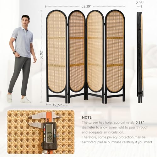 4 Panels Room Divider Wall, Foldable Wooden Room Divider, Individual Privacy Screen Made of Hand-Woven Rattan