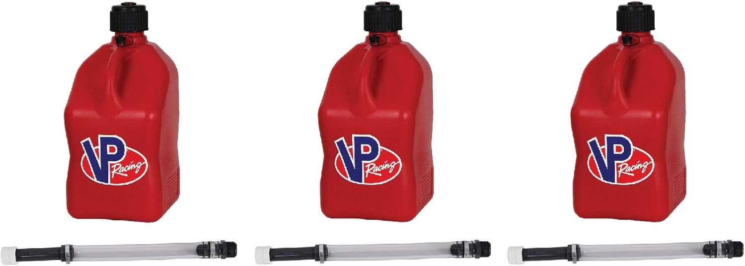 VP Racing 5-Gallon Motorsport Racing Liquid Fuel Jug Utility Can Container and Deluxe 14-Inch Hose with Hose Cap and Rubber Gasket, White Pack of 2