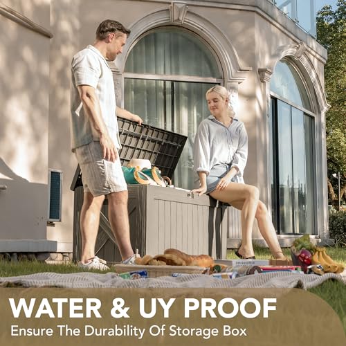 Devoko 120 Gallon Deck Box Resin Outdoor Storage Box Waterproof for Patio, Large Outdoor Storage Bench Lockable for Outside (Black)