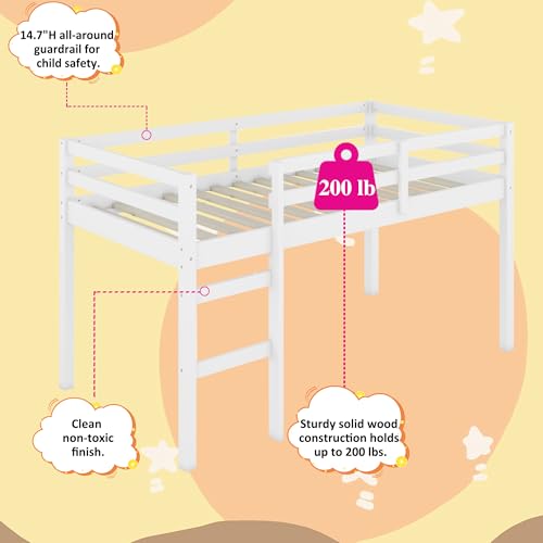 Low Loft Bed Twin Size, Kids Solid Wood Modern Loft Bed Frame with Ladder and Safety Guardrail for Girls Boys, Noise-Free,Non-Toxic Finishes