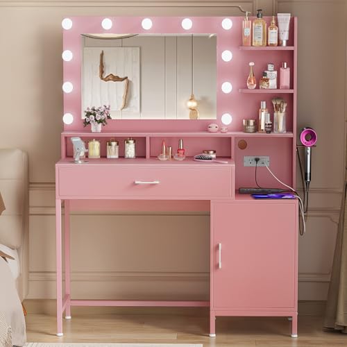Vanity Desk with Mirror and Lights, Makeup Vanity with Storage Drawer, Power Outlet and Large Cabinet for Bedroom - White
