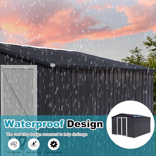 8x6 FT Outdoor Storage Shed, Metal Tool Shed with Lockable Doors, Peaked Roof & Frame Floor