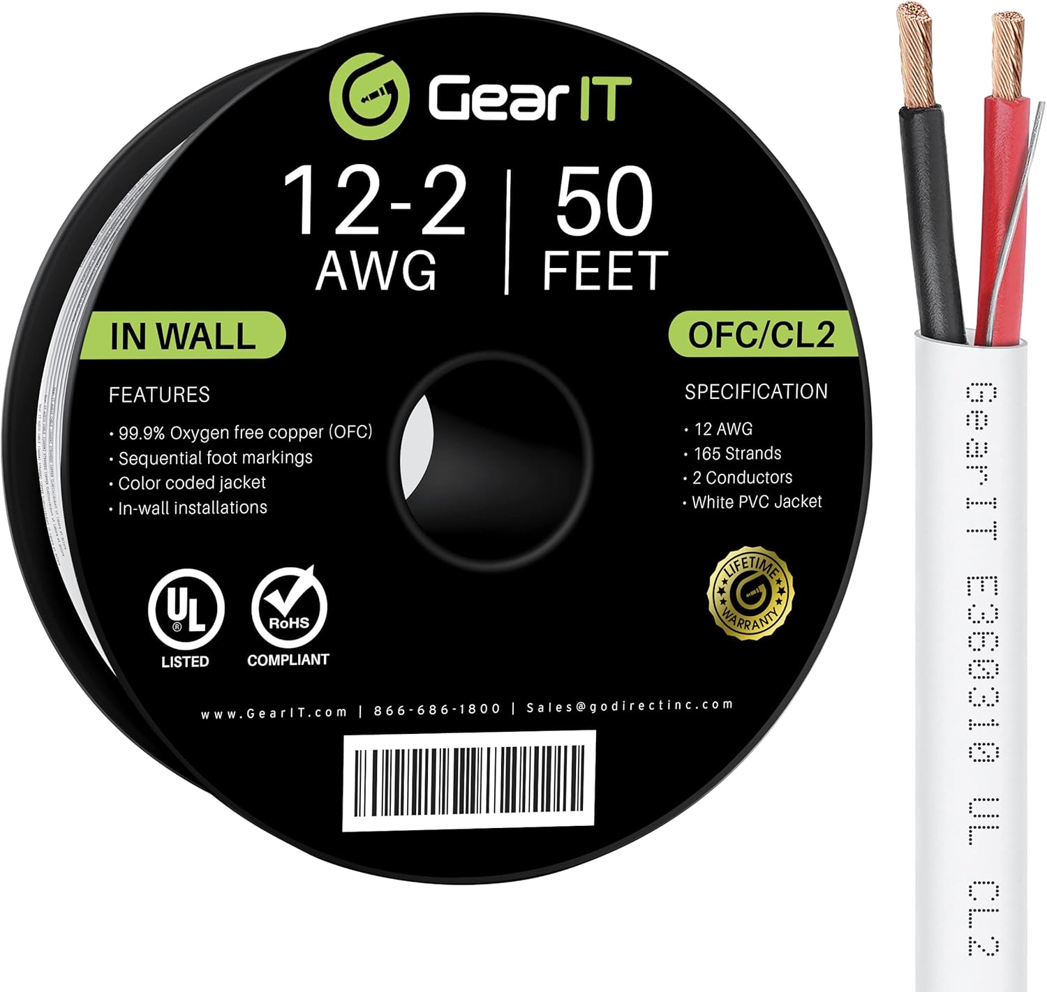 GearIT 12/2 Speaker Wire (100 Feet) 12AWG Gauge - in Wall Audio Speaker Wire Cable / CL2 Rated / 2 Conductors - OFC Oxygen-Free Copper, White 100ft