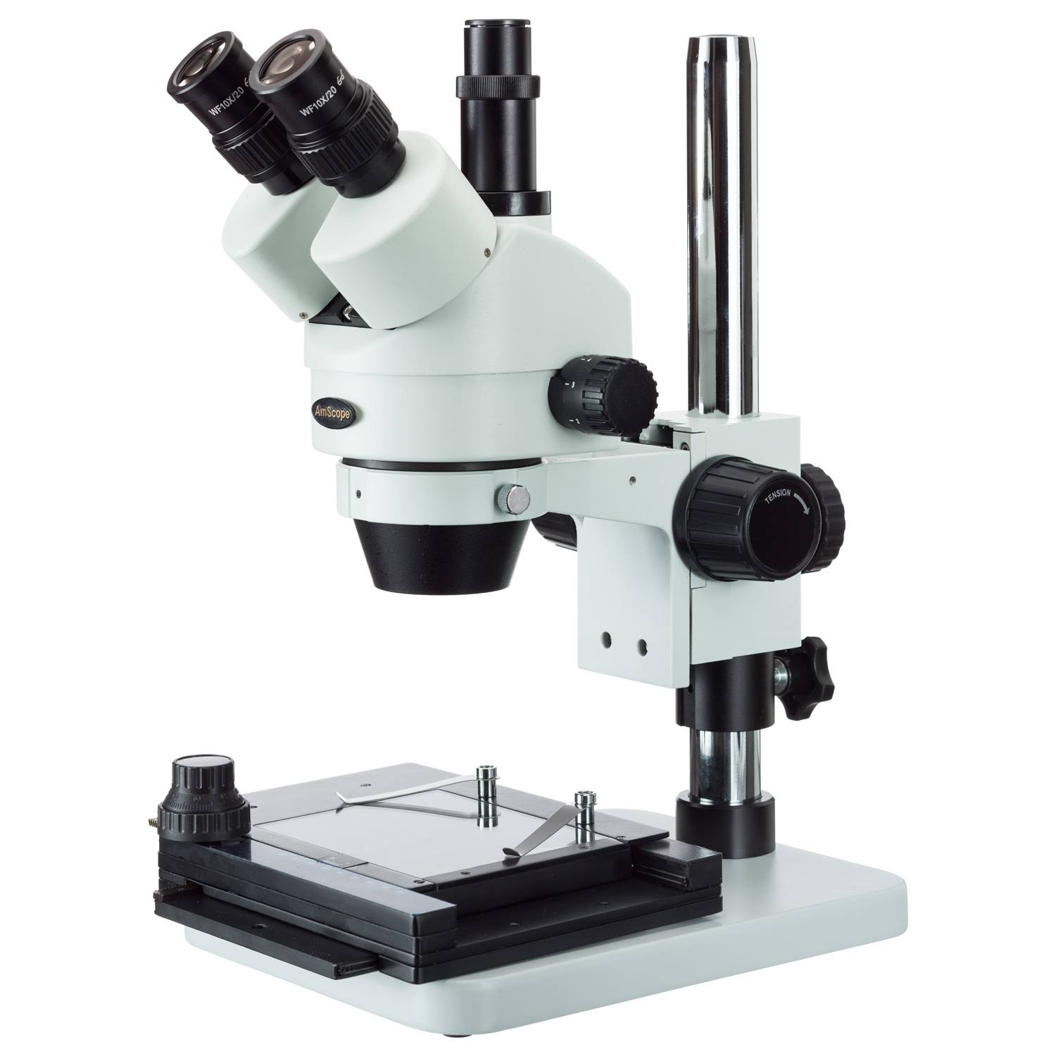 Amscope 3.5X-45X Zoom Trinocular Stereo Microscope with Table Pillar Stand with Mechanical Stage New