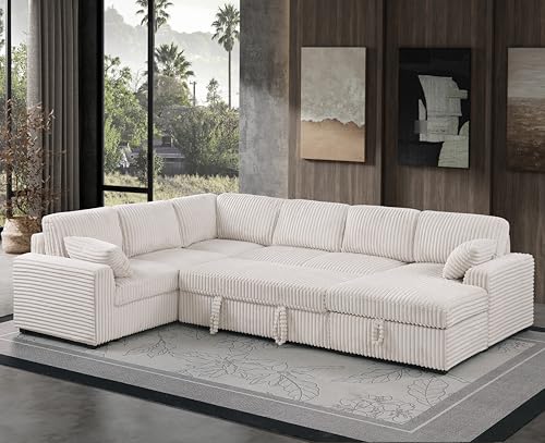 L-Shaped Pull Out Sleep Sofabed,Modern Reversible Sleeper Sectional Sofa Chenille Upholstered Button Tufted Decor with Storage Chaise