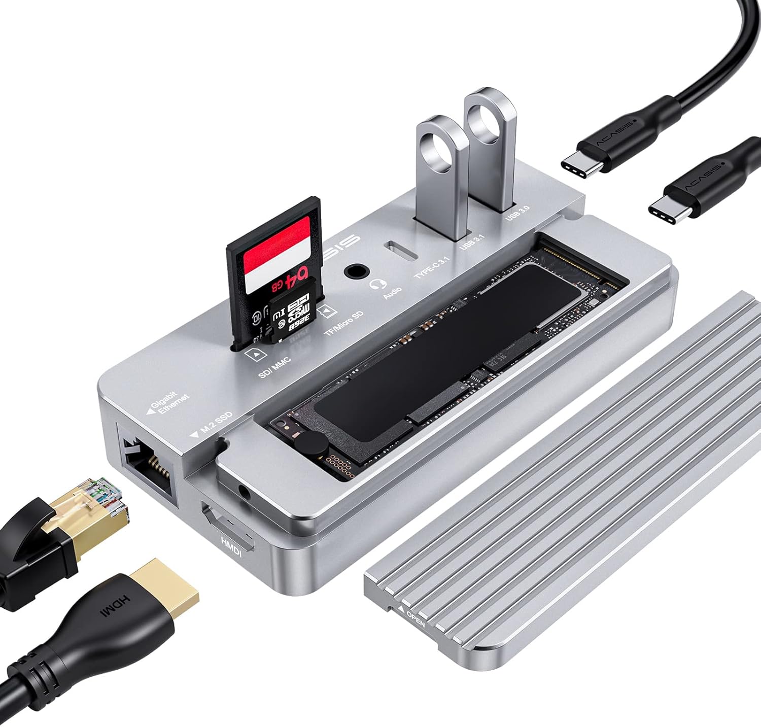 ACASIS USB-C HUB 10-in-1 Docking Station with M.2 NVME & SATA SSD Enclosure,4K60 HDMI,80W Power Delivery for Windows/MAC/IPAD