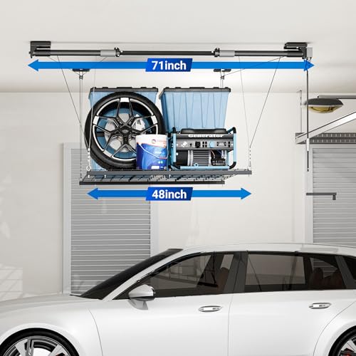 FLEXIMOUNTS GL1 Overhead Garage Lifting Storage Rack, 4x4 Ft Heavy-Duty Metal Garage Ceiling Rack, Adjustable Organization System With 71''