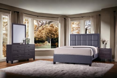 5PC Queen Bedroom Furniture Sets with Queen Bed, Dresser, Mirror, Nightstand in Grey (5PC, Grey Fabric)