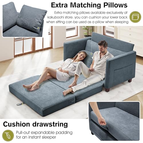 51" Loveseat Sleeper Sofa Bed, Chenille Convertible Floor Sofa Bed for Small Spaces, Folding Couch Bed with Deep Seat, 2 Pillows & Solid Frame