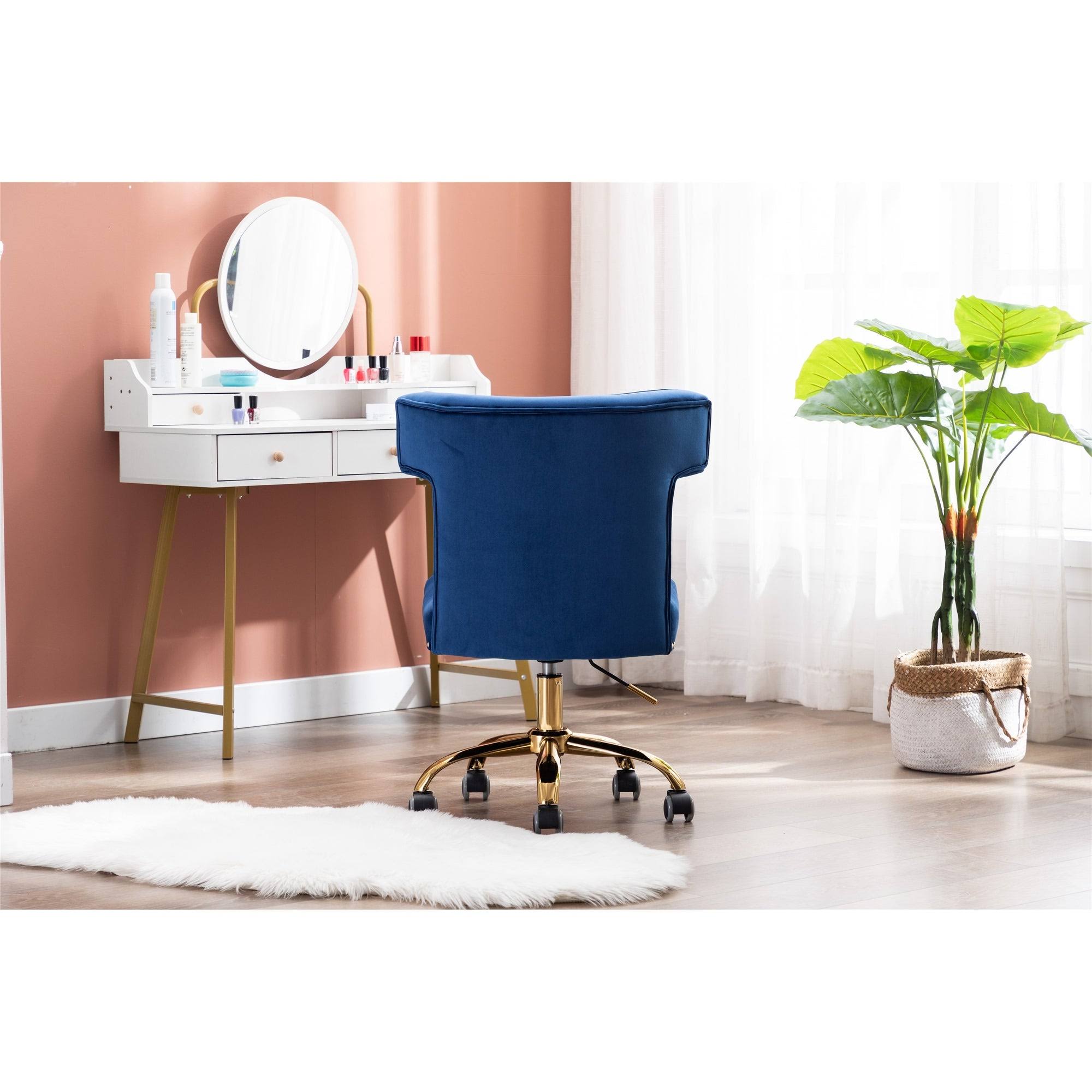 HOMEFUN Navy Velvet Upholstered Swivel Homeoffice Height Adjustable Task Chair with Gold Base and 360° Castor Wheels, Blue