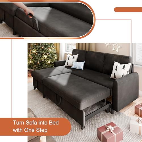 Vongrasig Convertible Sleeper Sofa, Pull Out Couch with Storage, 77" L-Shaped Sofa Bed with Storage Chaise Corduroy Fabric for Living Room, Apartment