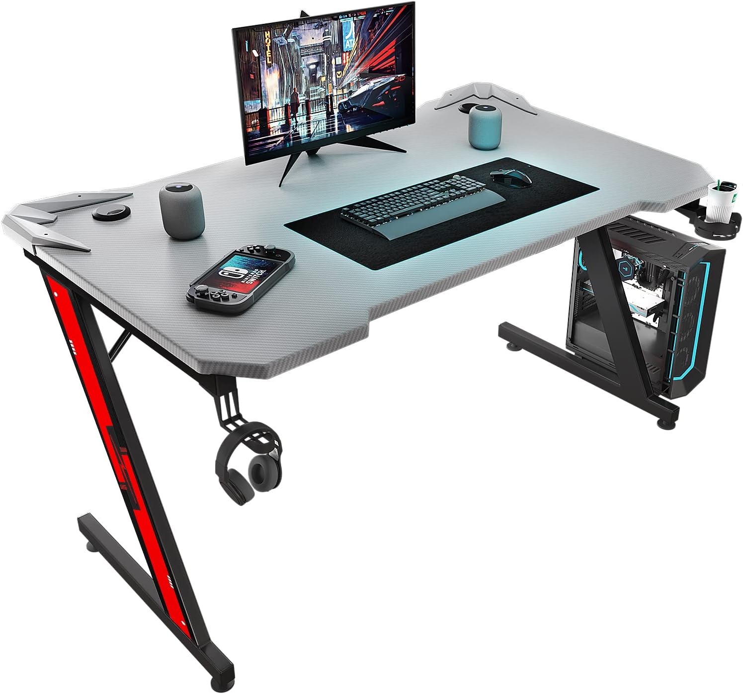 Homall Gaming Desk 44 Inch Computer Desk Gaming Table Z Shaped Pc Gaming Workstation Home Office Desk with Carbon Fiber Surface Cup Holder and