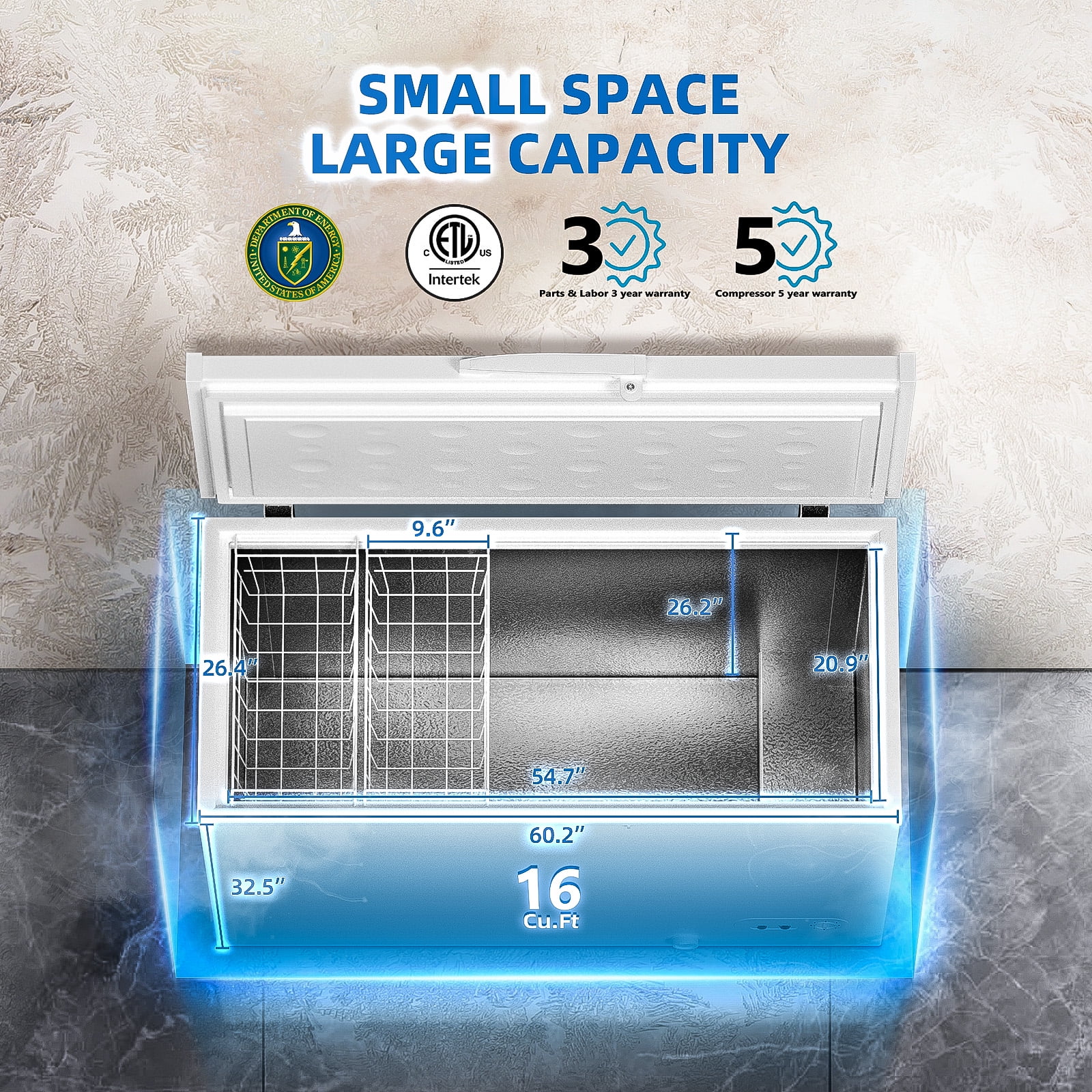 Hoccot Chest Freezer 16 Cu.Ft. 2 Removable Baskets Deep Small Compact Freezer Top Door 7 Temperature Control from -13℉-14℉ Energy Saving White