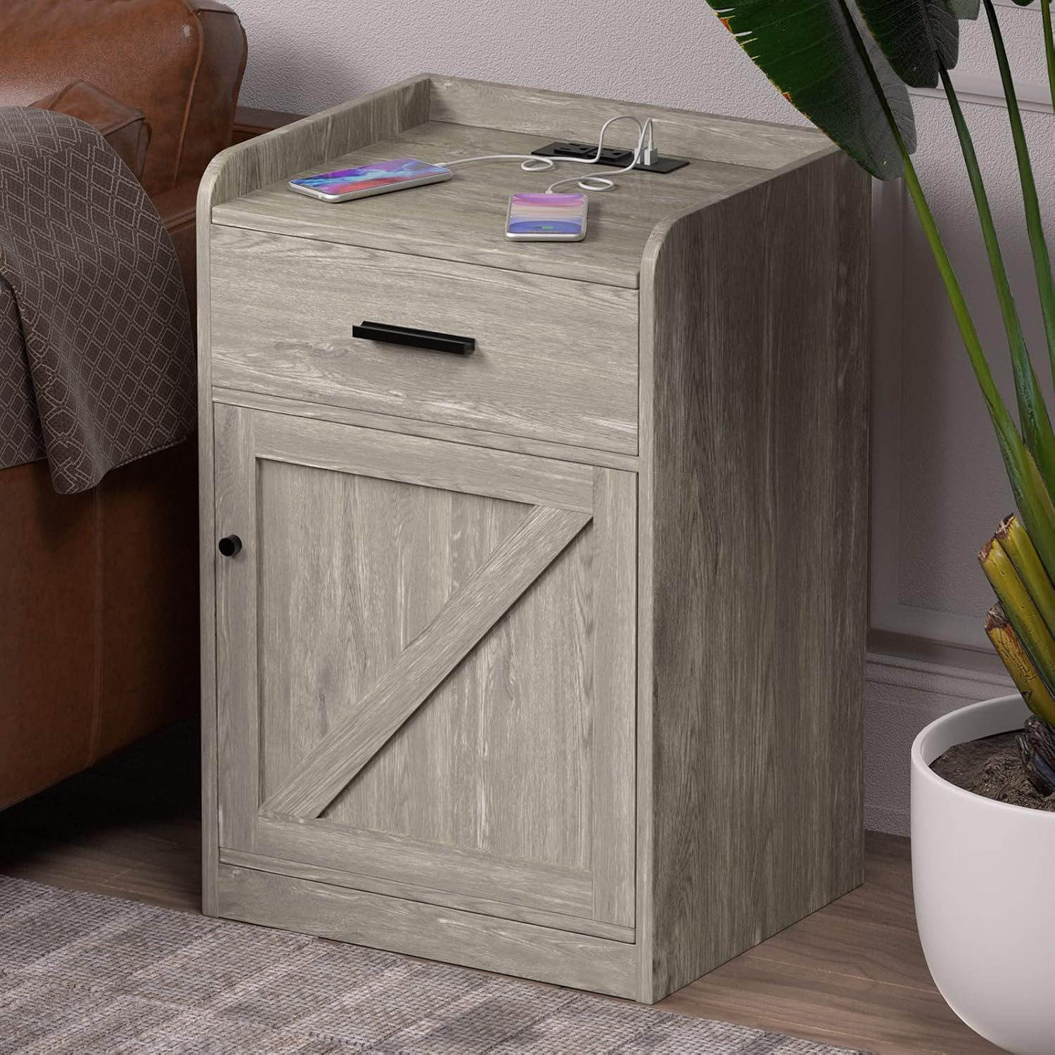Modern Farmhouse Night Stand with Charging Station, Bed Bedside Tables Bedroom set of 2