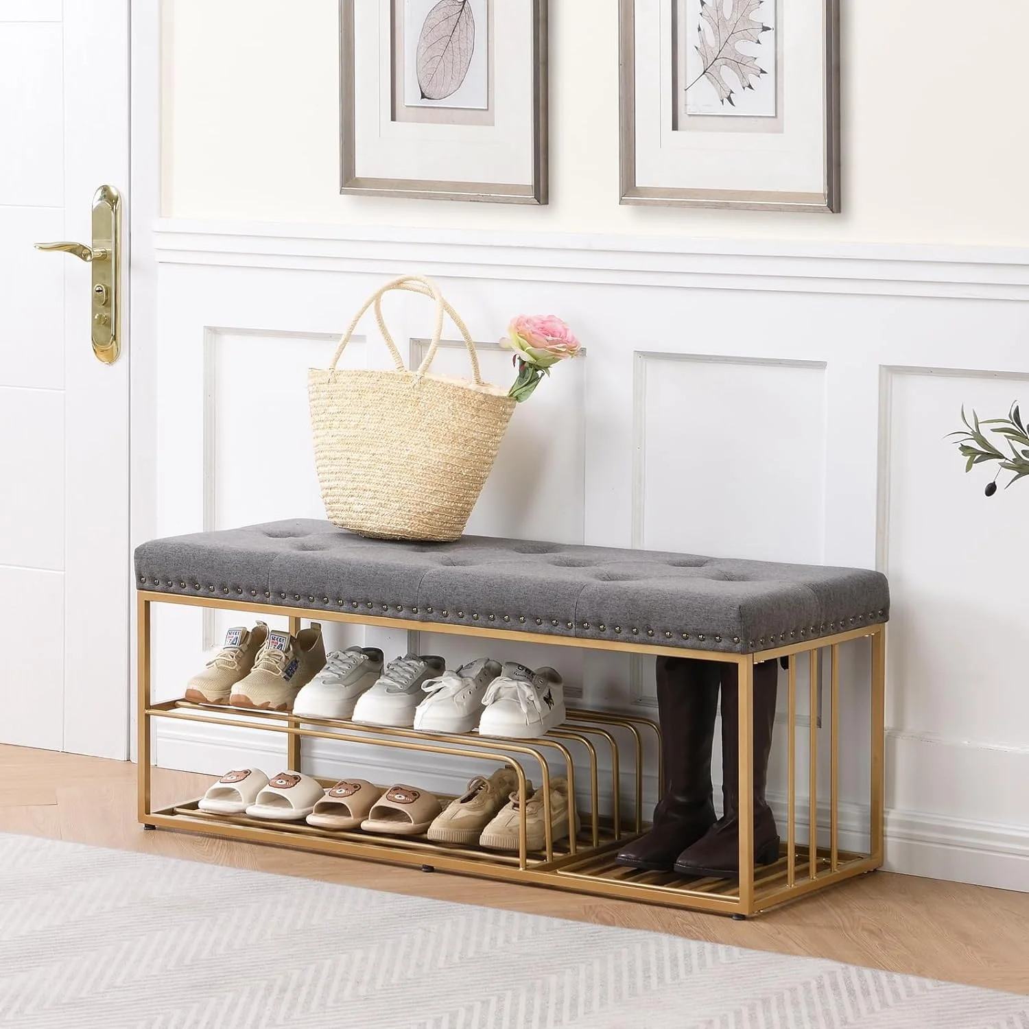 YGDU End of Bed Bench-Upholstered Entry Shoe Storage with Nailhead Trim,Black Mental Frame Ottoman Bench for Bedroom Entry Window Mudroom Living Room