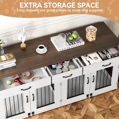 Dog Crate Furniture for 2 Dogs, 71'' XXL Indoor Dog Kennel with 3 Drawers and Removable Room Divider