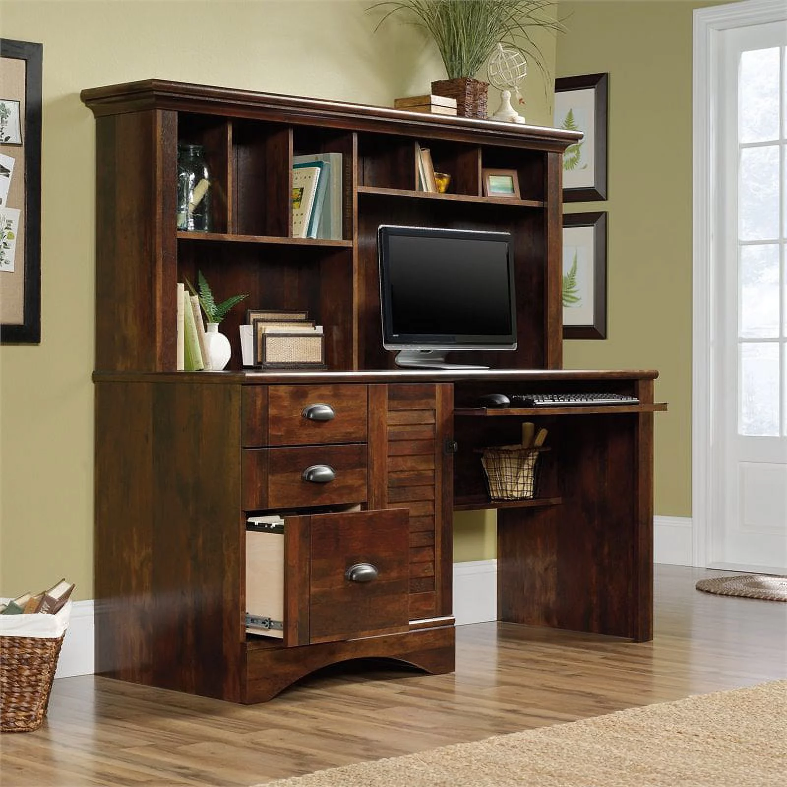 Pemberly Row Computer Desk and Hutch with CPU Storage and Keyboard Drawer, Curado Cherry