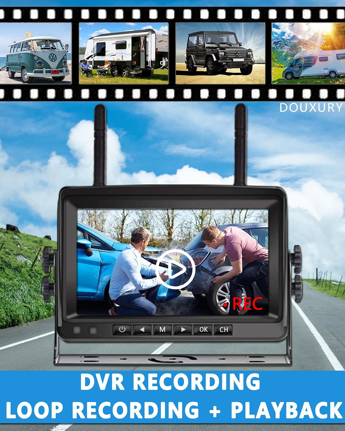 Wireless Backup Camera, DOUXURY IP69 Waterproof 170° Wide View Angle HD 1080P Backup Camera + HD LCD 7" Monitor
