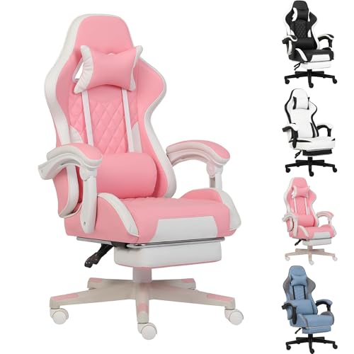 Gaming Chair, Computer Office Chair with Footrest, Linkage Armrests and Lumbar Support, High Back Ergonomic Gamer Chairs for Adults, Blue Fabric